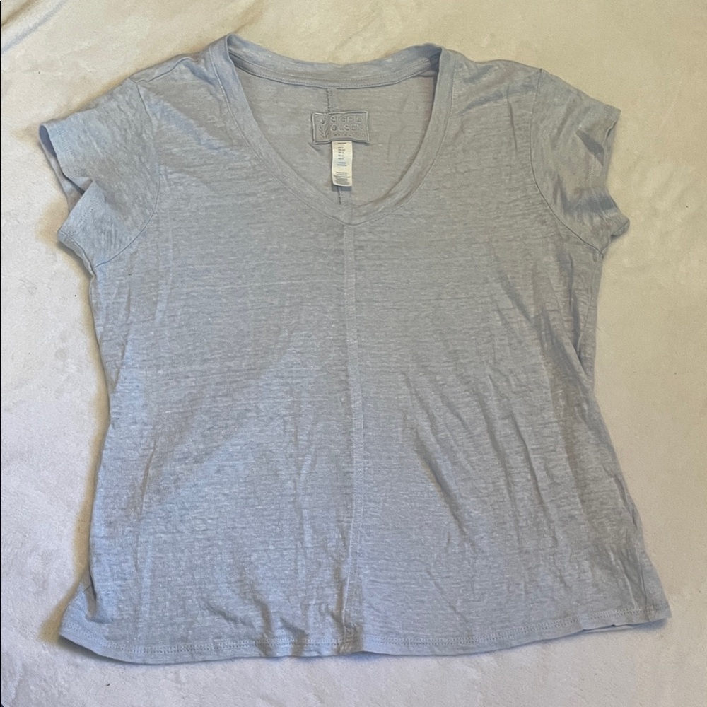 Light Blue V-Neck Linen Women's Top